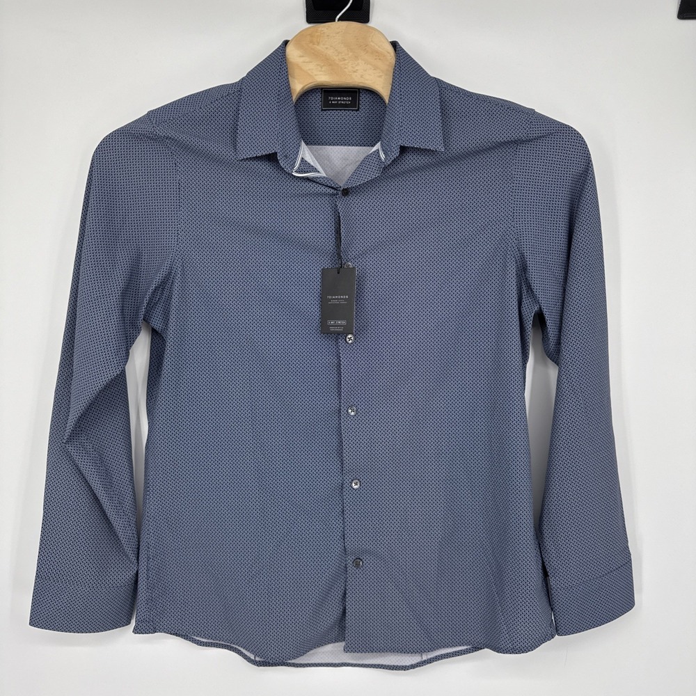 NWT 7 Diamonds 4-Way Stretch Shirt Mens Large Blue Geometric Maxon Button Down